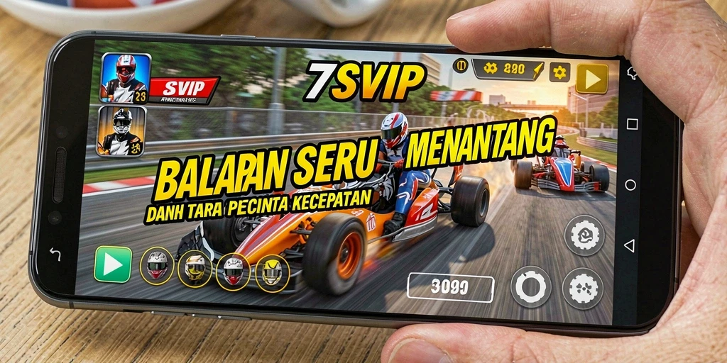 Screenshot utama 7SVIP menampilkan balapan seru di trek yang menantang.