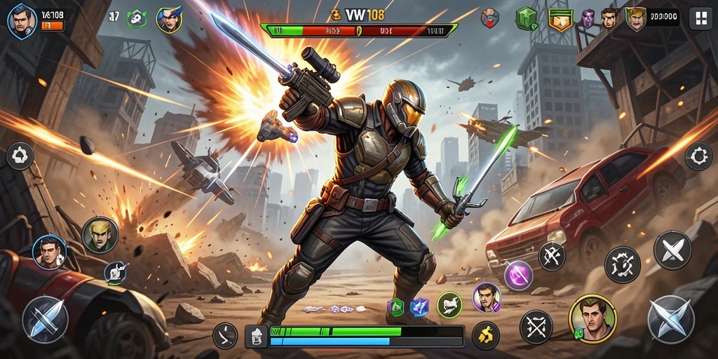 Screenshot gameplay VW108 menampilkan aksi pertarungan yang mendebarkan.